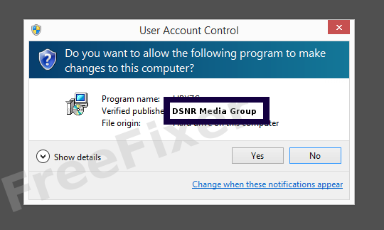 Screenshot where DSNR Media Group appears as the verified publisher in the UAC dialog